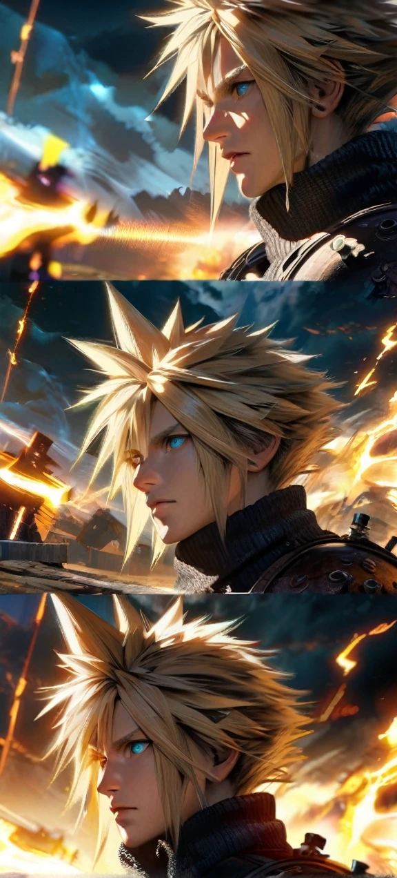 Symetrical,absurdres, highres, ultra detailed, HDR, masterpiece, extremely detailed face and eyes, Cloud Strife,final fantasy 7, yellow hair , , solo, man, handsome, ,, ,Epic fight scene, yellow lightning effect, glowing glitters, symetrical , 