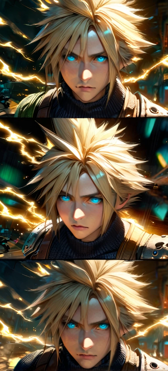 Symetrical,absurdres, highres, ultra detailed, HDR, masterpiece, extremely detailed face and eyes, Cloud Strife,final fantasy 7, yellow hair , , solo, man, handsome, ,, ,Epic fight scene, yellow lightning effect, glowing glitters, symetrical , 