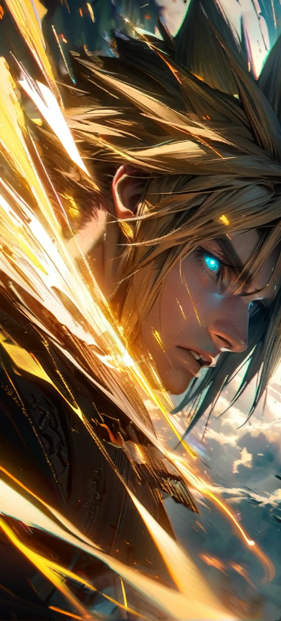 Symetrical,absurdres, highres, ultra detailed, HDR, masterpiece, extremely detailed face and eyes, Cloud Strife,final fantasy 7, yellow hair , , solo, man, handsome, ,, ,Epic fight scene, yellow lightning effect, glowing glitters, symetrical , 