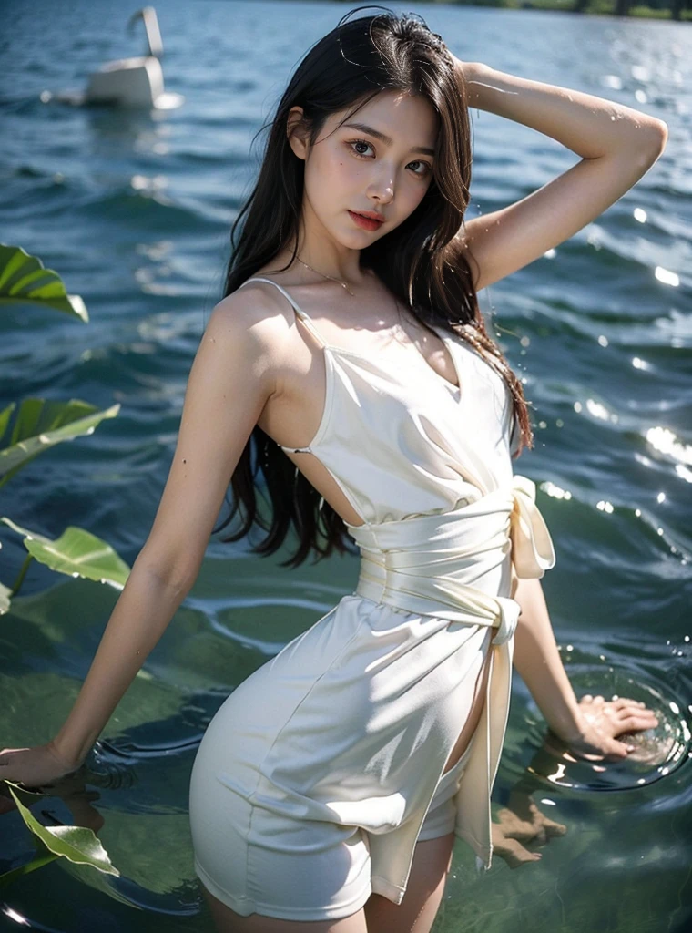 a teenage elven girl, wearing a cotton dress, pale white skin, Amazonian body, very tall, athletic, hourglass figure, generous hips, long legs, thick powerful thighs, hazel eyes, long pointy elf ears, ash brown hair, short shaggy bob, posing in a sunny vineyard, wet glistening skin, hard shadows, graphite shading, stencil marks, airbrushed acrylic paint, masterpiece, in the style of Lord of the Rings 