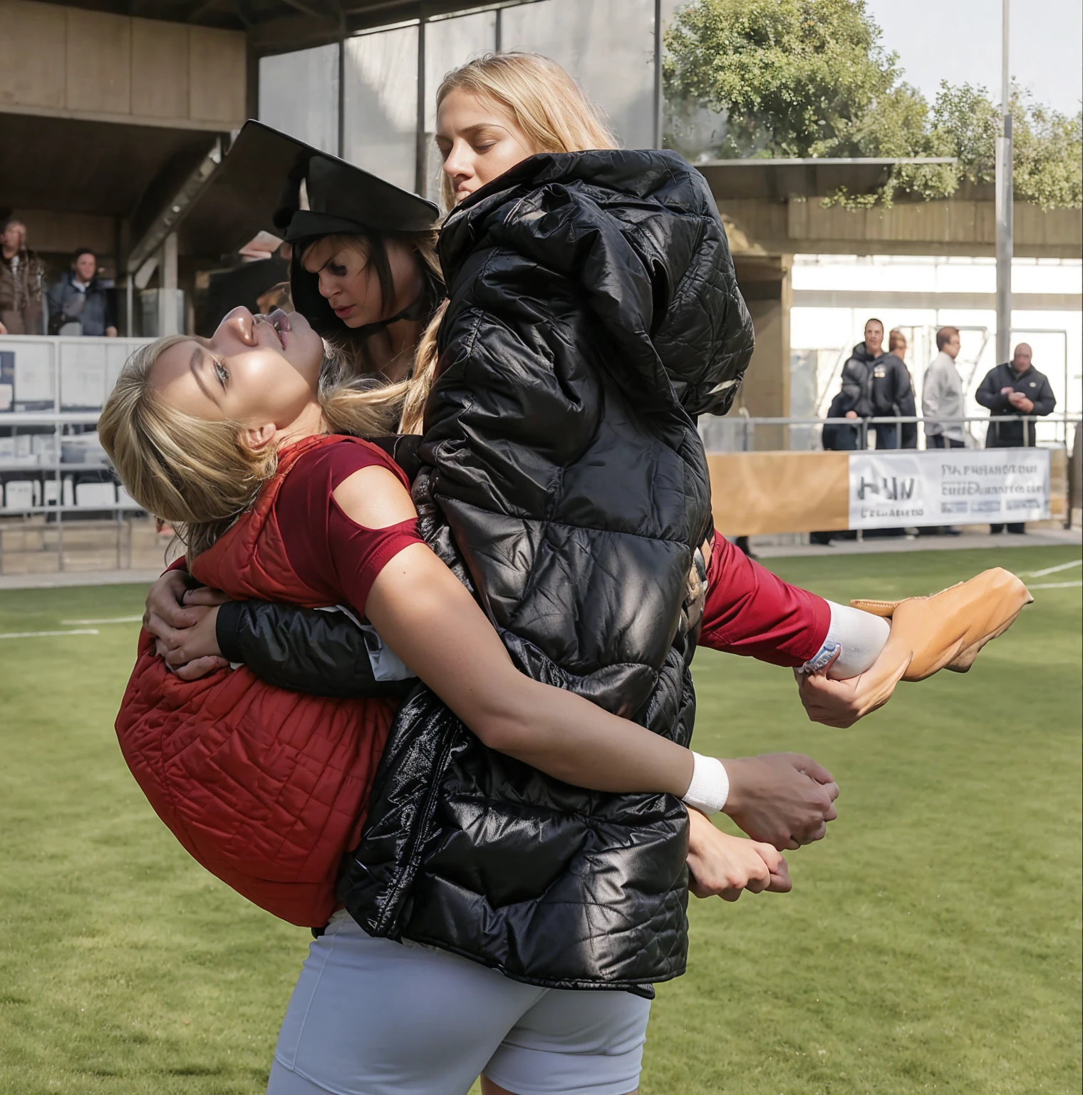 a blond girl in a glossy and high shine black laquered coat, a passed out bearded man, a fainted bearded man, a consciousless bearded man, a woman and a bearded man, Andrea carries the wounded man's body in her hands, Andrea grabs his legs and his body with her hands, the bearded man in Andrea's arms is visibly in pain, stadium atmosphere, the bearded man is lying consciousless in Andrea's arms with one arm hanging down, A scene at a soccer stadium, a bearded man lying in a caring women's arms, lying helpless in her arms with his head dangling down, he has one arm dangling down while being carried in the women's arms, There is an attractive and heavily made-up woman in a long black leather coat, A pretty woman in a shiny black leather coat on a soccer field, A wonderful woman is holding a passed out man, A man in matt and roughened sportswear is held diagonal in her arms, a man in a woman's arms and lets one arm dangling down, we see the man held in front of the woman's body, the man is cradled in the woman's arm while being carried, the beautiful woman is exceptionally heavily made up and has an extremely desperate and very angry expression on her face, high-resolution photo, realistic sports photo, soccer scene, woman in black shiny long leather coat, injury scene, real photo, ultra realistic, high definition, sports photography
