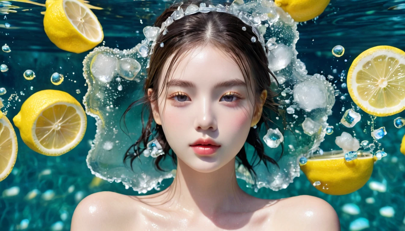 Summer Lemon Girl，Dopamine teenage， Cool summer days，Ice cubes，The watery girl，Delicate skin，Hydration，Shiny，Shiny，dream，Front view，bust，pearl，Lemon fruit