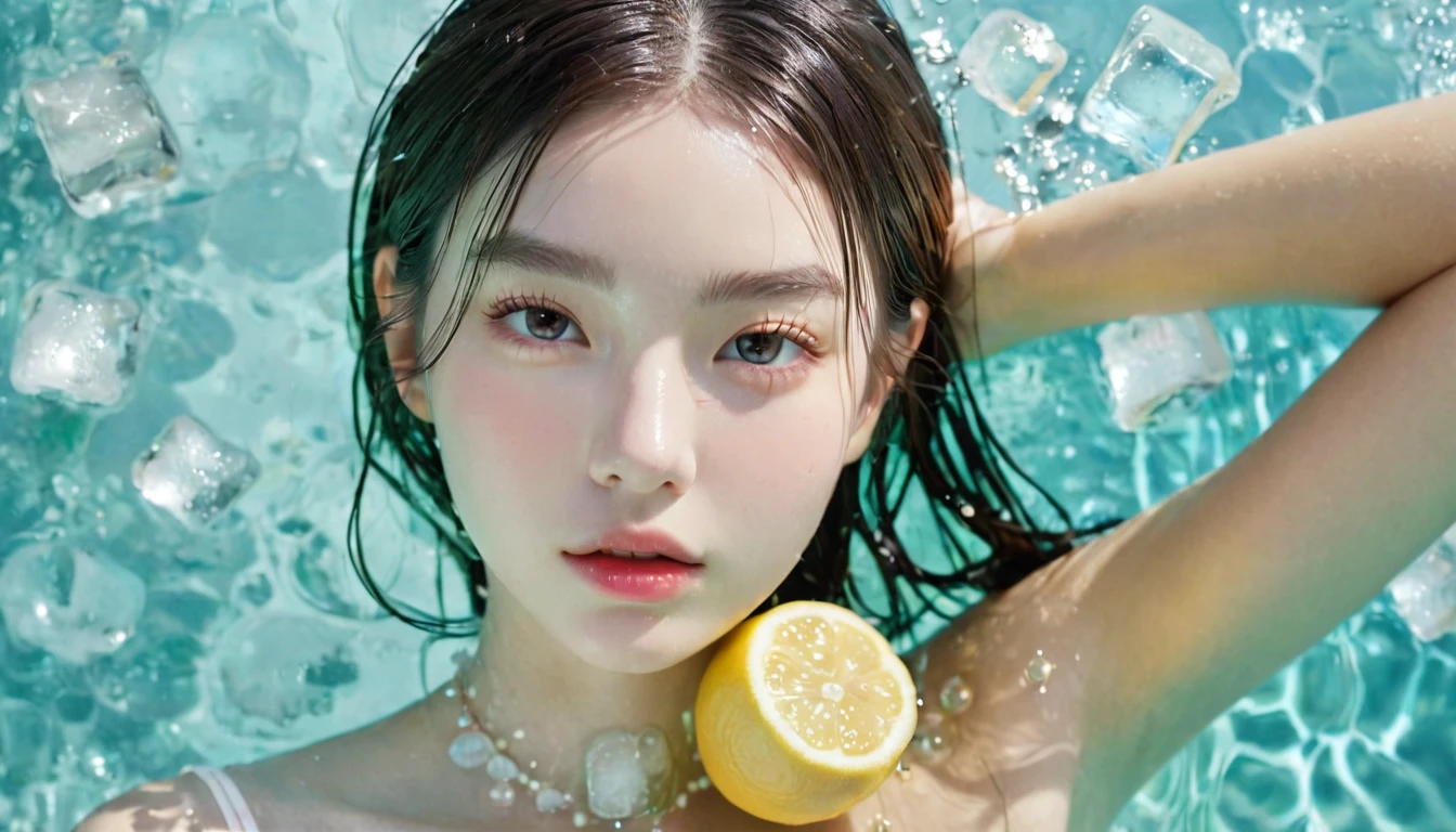 Summer Lemon Girl，Dopamine teenage， Cool summer days，Ice cubes，The watery girl，Delicate skin，Hydration，Shiny，Shiny，dream，Front view，bust，pearl，Lemon fruit