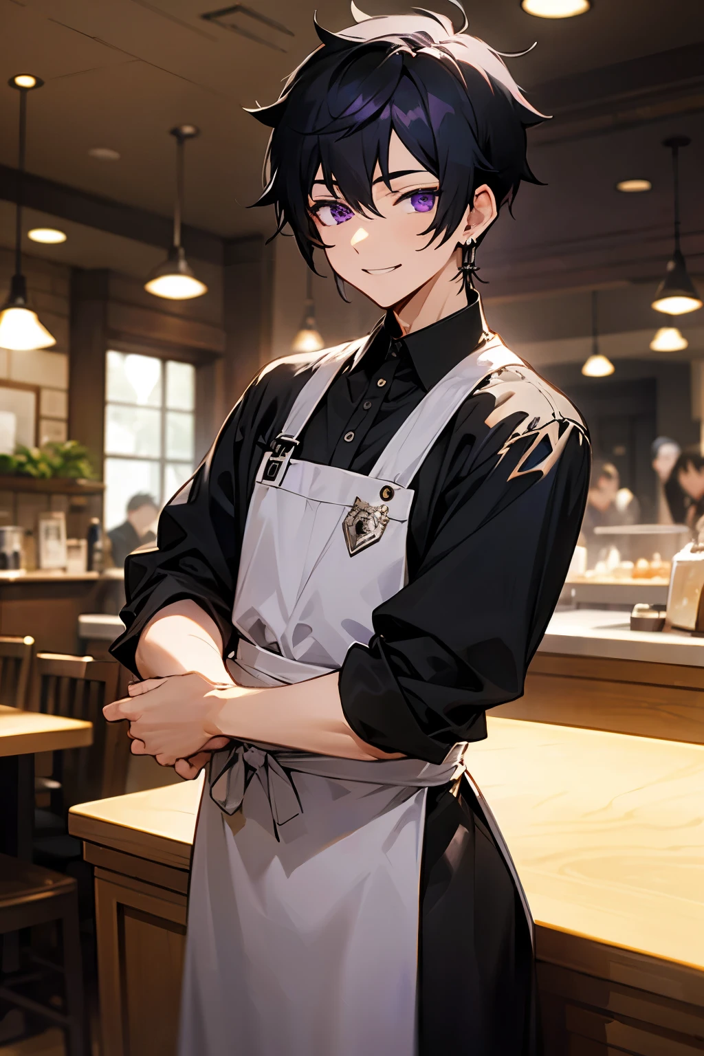 Are standing、Black Shirt、male、Black Hair、Purple eyes、Cafe staff、smile、Silver earrings、male