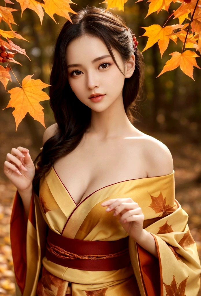 (Tabletop:1.3, Photorealistic:1.4, 8K), Highest quality, masterpiece, Ultra-high resolution, Professional camera work, Grow light effect, Realistic portraits, Cinematic Light, Highly detailed skin and facial textures:1.3, Perfect dynamic composition, Ultra-detailed, Detailed eyes, Detailed limbs, Autumn Night, Lighting, Autumn leaves landscape:1.2, One Girl, Cute and sexy slim 24 year old woman, Fair skin, Autumn leaves fluttering:1.2, (A dreamy look:0.9, Totally captivates you:1.0), (Golden kimono:1.35 Off Shoulder), (Ample breasts:0.9), (Buckshot, Calm pose), (Beautiful Blue Eyes, Beautiful erotic eyes:0.85), Sexy Face:0.4, (A taste that exudes beautiful eroticism:0.85), ((Too cute beauty:0.9))