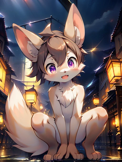 Civet cat, **********, cute, (alone), (((Has brown and white fur))), Big purple eyes, Blushing, smile, Open your mouth, walking, night, Ancient Asian cities, bright street lights, Blue and black slate road, Empty Streets, Starry Sky, Shadow, Detailed facial depiction, ((Accurate hand drawing)), レンブラントの光とShadow, Ultra-fine，Completely naked，Naked，Naked，Full nudity，Nude，Barely，Fully visible，Spread your legs and point your crotch，Embarrassing，Embarrassed look，On all fours，Put your hands and feet on the ground，Sit like a dog，quadruped，Accurate hand and foot count，shame，Estrus，first round，Fantasy，Anime-style depiction，