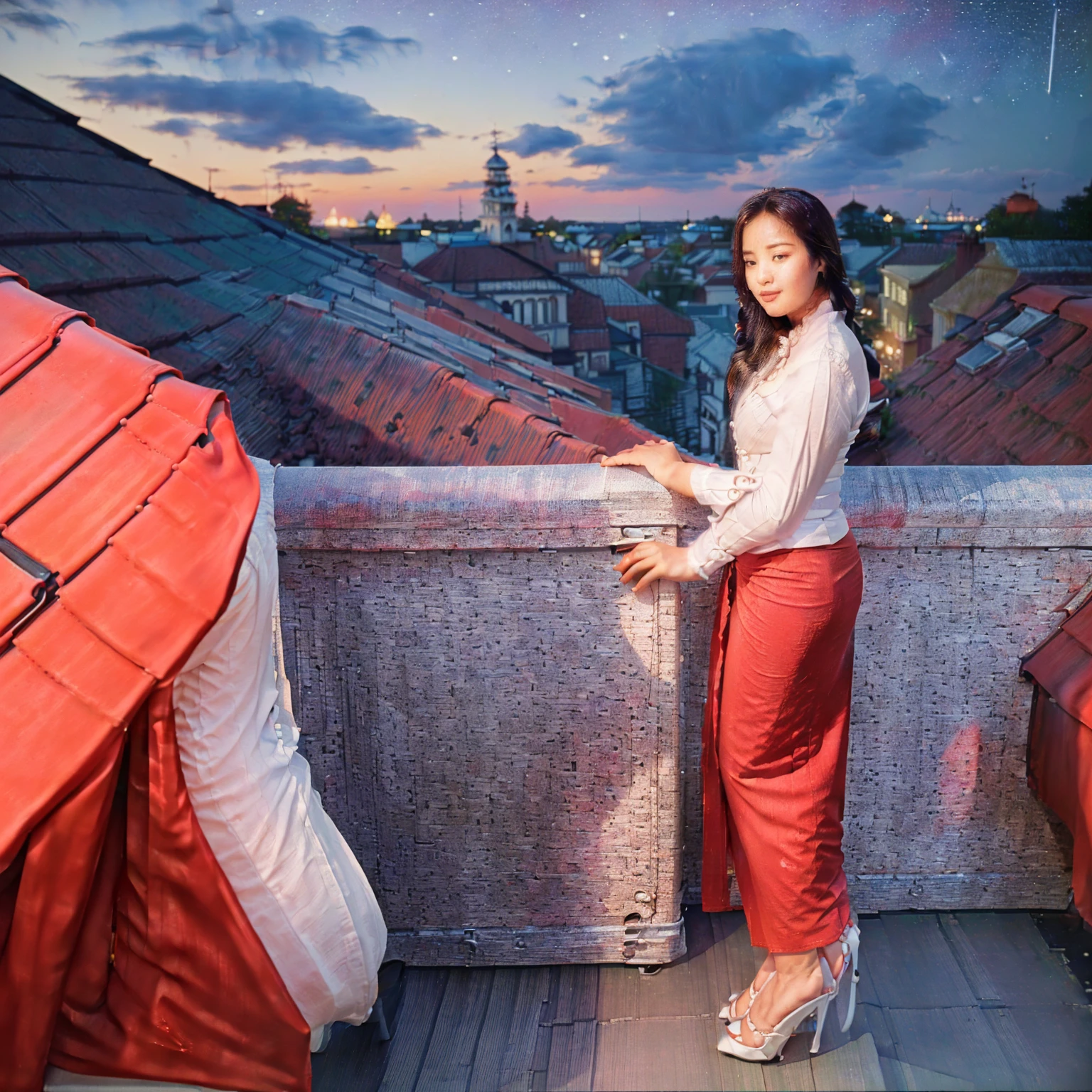 Burmese beautiful woman, 1 girl, solo, (((pretty lady MoonLay))), ((((pretty lady MoonLay's seductive face)))), cute smile, red lips, (standing and lean against the balcony handrail pose:1.5), (looking to the sky:1.5), (night with starry sky:1.5), smooth face skin, traditional beauty, cinematic portrait glow lighting, traditional dress, ((in a white shirt and red skirt:1.5), high heel, (full body view:2), (two story building rooftop balcony with vibrant colorful small townscape background:1.5), (cinematic bokeh deep blur background:1.5), (cinematic enhance HDR portrait glow lighting))), perfect anatomy, cannon mark v, DSLR quality, cinematic lighting, perfect anatomy, perfect face, perfect dress, perfect shin and calf, perfect hands, perfect toes