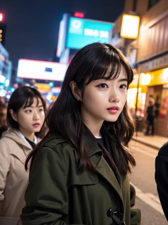 (Ultra-high resolution), (masterpiece), (Attention to detail), (high quality), (最high quality), One Girl ,Blunt bangs, Black Hair, On a street corner at night、A woman in a black trench coat is standing alone。The city lights are in the background、There is a sense of urban brilliance。