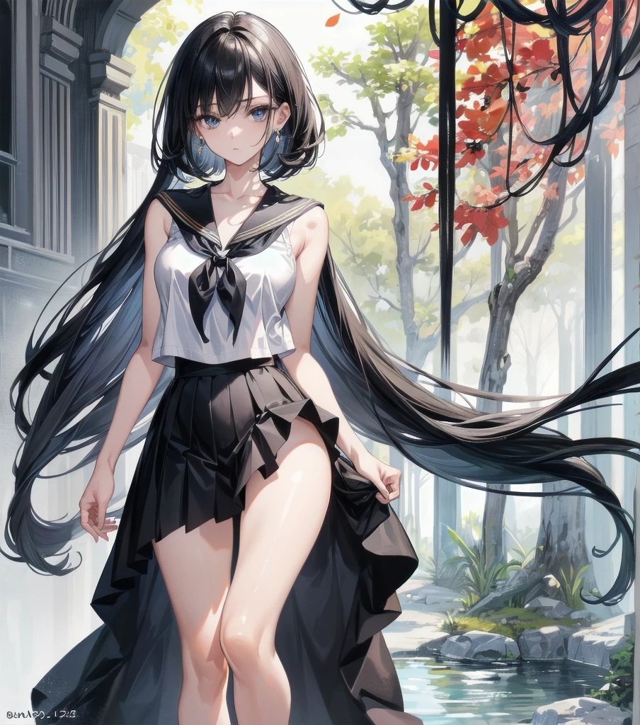 absurdres, RAW photo, extremely delicate and beautiful, masterpiece, Best Quality, ultra high resolution, 32k, hyperrealistic, ultra-detailed, perfect anatomy, super Detailed skin, perfect figure, Japanese woman, late 20s, very Slim body, narrow waist, very small head, handsome detailed woman, very detailed eyes and face, realistic face proportions, Stunning detailed eyes, Realistic beautiful face, very small face, Realistic small beautiful eyes, tearful mole, earring, beautiful and very thin legs, beautiful and very thin thighs, ((very huge round breasts)), medium hair, black hair, sweat, (full body shot), sleeveless, bare Collarbone, ((school_uniform)), outdoor,