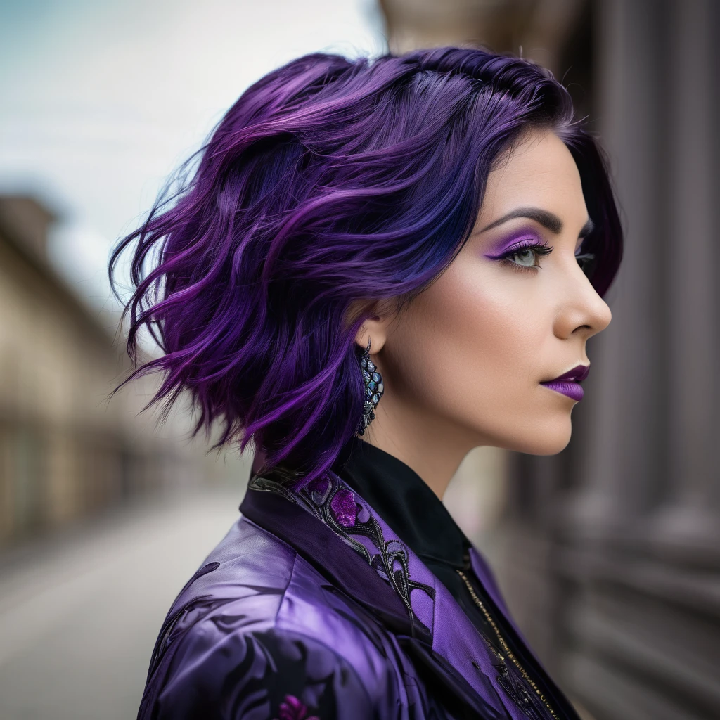 a woman with purple hair poses for a photo, a portrait inspired by Glòria Muñoz, pexels, art nouveau, photo from a promo shoot, look from the side, Dark purple hair and cybernetics, Profile shot, Purple hair portrait of woman, Shot from the side, Advertising photo, Looking to the side outside the camera field of view