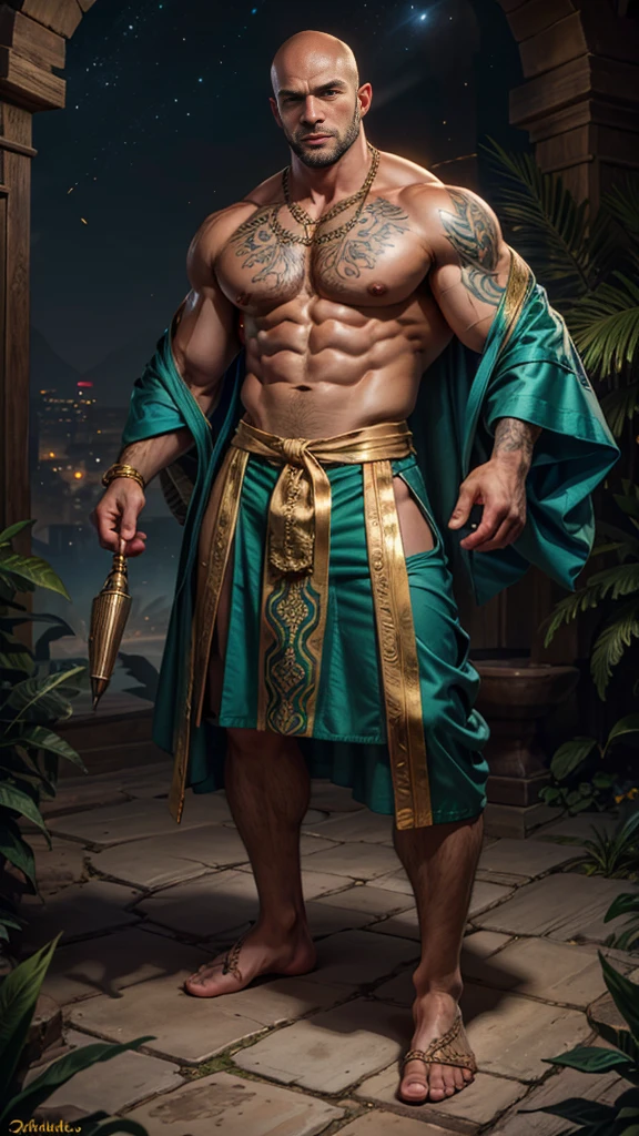 Character portrait including full body image, huge muscular physique, handsome bald jamaican man, Long Shot, Naked man in Arabian Nights costume, huge muscular thighs、Visible alien tattoo on chest and shoulder, The loin is an elaborate kimono-like skirt., green pink gold, Magical symbols woven into his clothes with gold thread, action hero, intricate and detailed drawing