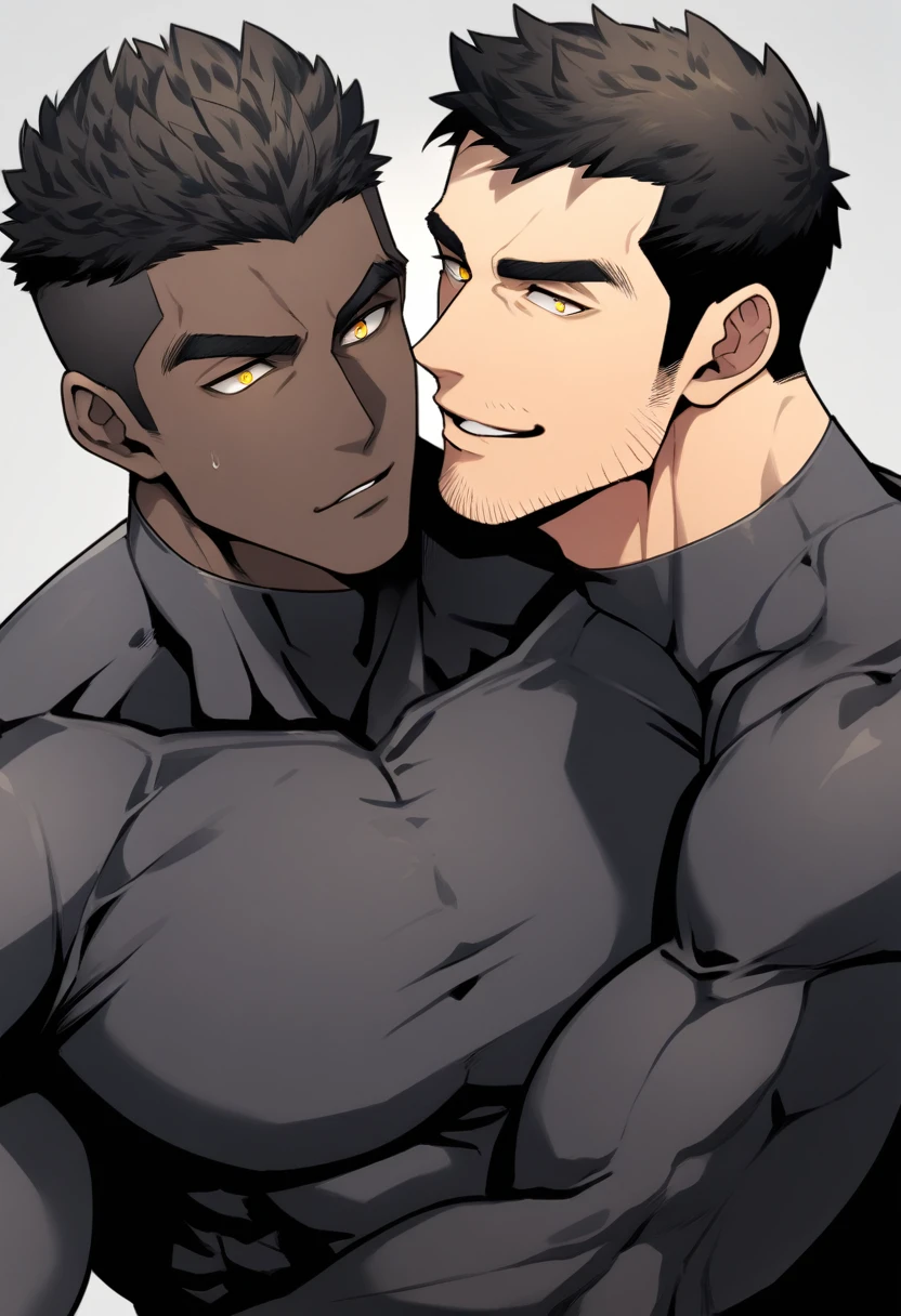 anime characters：Two superheroes in tights, Muscle superhero, negro black skin, They hugged and kissed each other, Bite your neck, Caress, Manliness, male focus, Yellow and black high collar long sleeve tight T-shirt, Slightly transparent material, Very tight, Round, full and perky chest muscles, Male dog waist, Slightly transparent, muscular male, muscular, only, Upper body, alone, Black short hair, Thick eyebrows, stubble, Yellow eyes, Grey background, simple background, amazing quality, best aesthetics, Ridiculous, bright pupils, crew cut, parted lips, seductive smile, torogao, naughty face, drop shadow, best quality