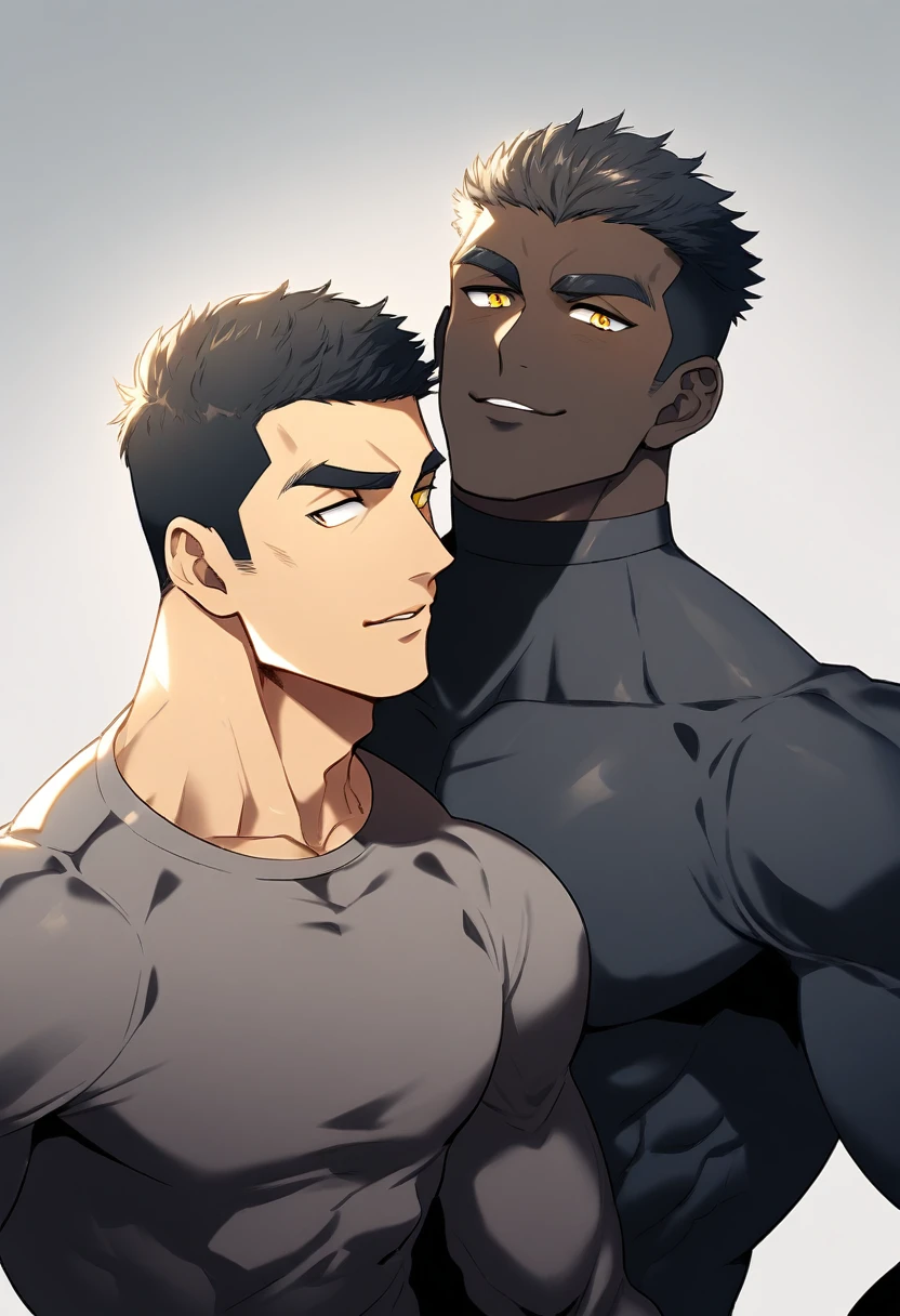 anime characters:Two superheroes in tights, Muscle superhero, negro black skin, They hugged and kissed each other, Bite your neck, Caress, Manliness, male focus, Yellow and black high collar long sleeve tight T-shirt, Slightly transparent material, Very tight, Round, full and perky chest muscles, Male dog waist, Slightly transparent, muscular male, muscular, only, Upper body, alone, Black short hair, Thick eyebrows, stubble, Yellow eyes, Grey background, simple background, amazing quality, best aesthetics, Ridiculous, bright pupils, crew cut, parted lips, seductive smile, torogao, naughty face, drop shadow, best quality