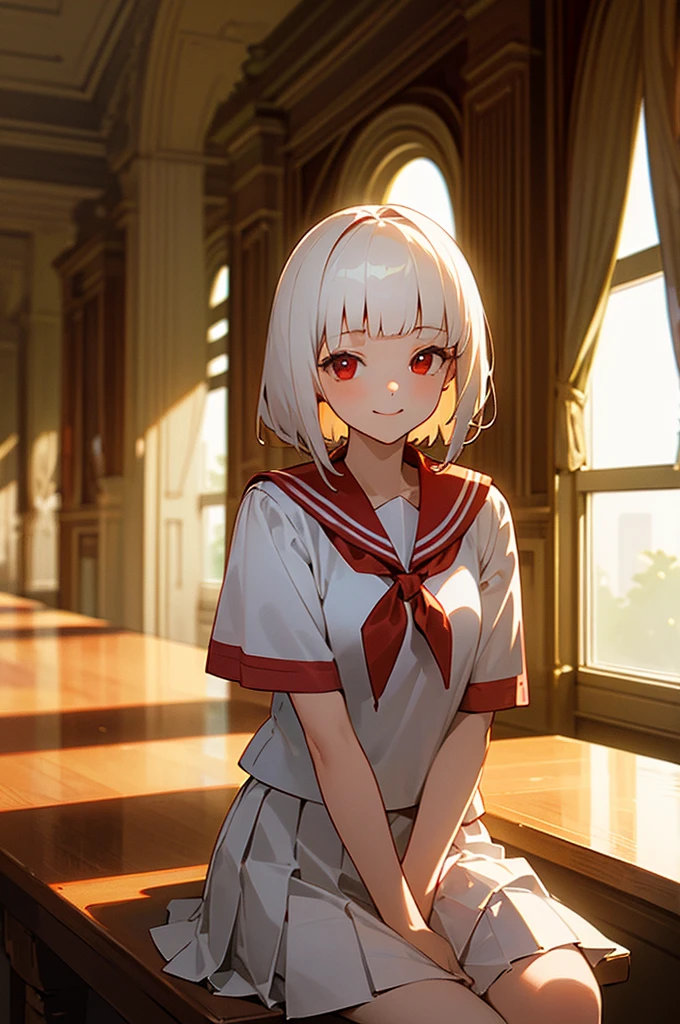 ((masterpiece,Highest quality, High resolution)), One girl, alone, Red eyes, Short white hair, Blunt bangs, Sitting, Arms folded on the table, smile, , White Seraphim, Red Sailor Collar, Short sleeve, White pleated skirt, (In the library), Dramatic Light, Next to the window, afternoon light through the window, afternoon, Bokeh effect