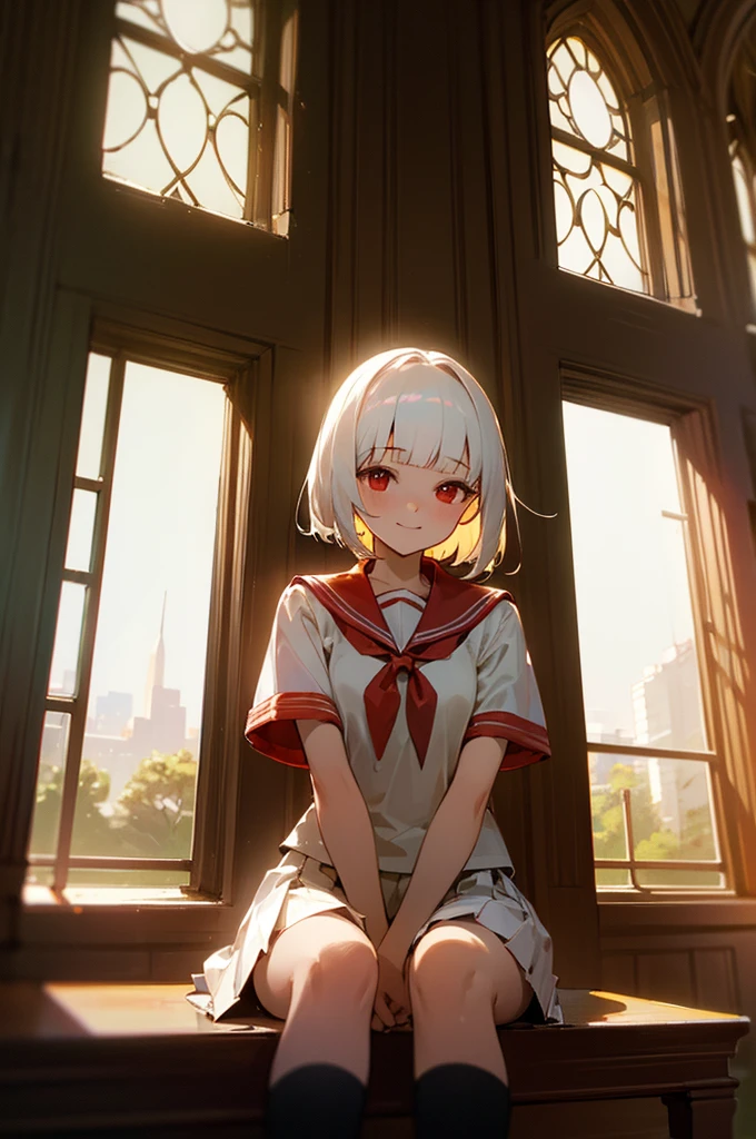 ((masterpiece,Highest quality, High resolution)), One girl, alone, Red eyes, Short white hair, Blunt bangs, Sitting, Arms folded on the table, smile, , White Seraphim, Red Sailor Collar, Short sleeve, White pleated skirt, (In the library), Dramatic Light, Next to the window, afternoon light through the window, afternoon, Bokeh effect