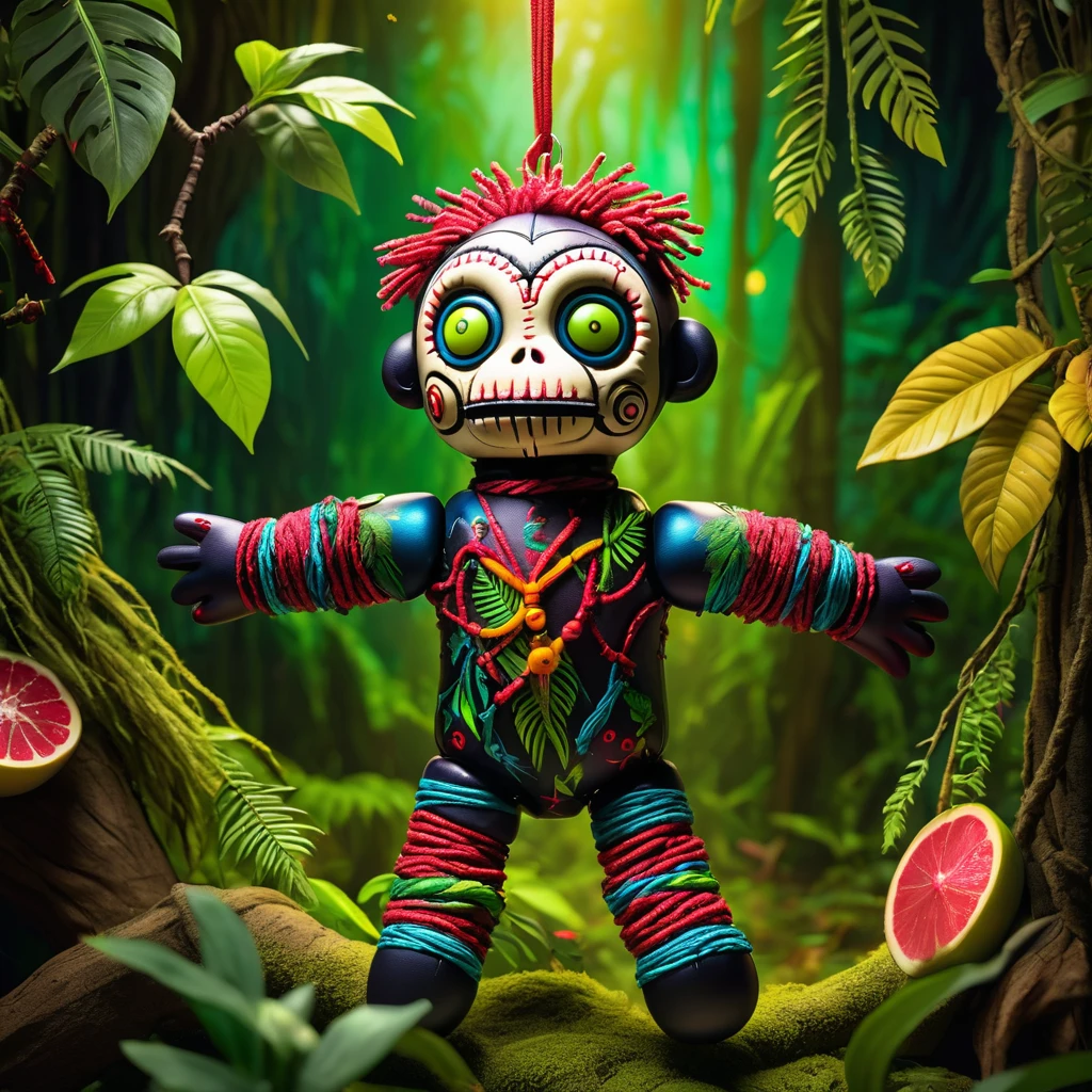 (knitted toy voodoo doll:1.9), (Voodoo Monkey:1.2), (Artillerist:1.3), (Clothing: jungle camo with glowing patterns:1.0), (Accessories: enchanted slingshot emitting sparks of precision magic, levitating spectral projectiles:1.1), (background: dense jungle with floating vines, glowing fruit, and spectral shots:1.2), best quality, masterpiece, detailed soft oil painting, detailed background, dramatic cinematic lighting, soft edge lighting, professional, dramatic lighting, hard edge lighting, ultra quality, 4k,masterpiece, best quality, 8k, ultra highres, highres, extremely detailed