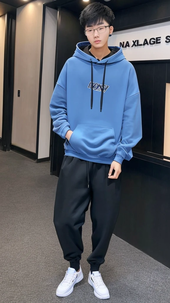 18 year old Shanghai boy, he is ((oversized xxl blue plain hoodie)), wearing black pants, wearing sneakers, wearing glasses, night club, whole body, (he is 한국 머리카락입니다)  k pop style