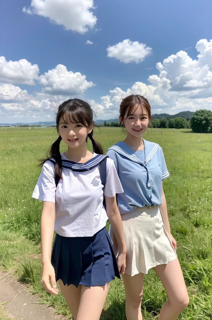 2 girls walking in rural field,cumulonimbus cloud in summer blue sky,white sailor shirt,white panties with navy blue frills,wind blowing up skirt,18-year-old,bangs,a little smile,thighs,knees,short hair with low pigtails bunches,from beside,front light