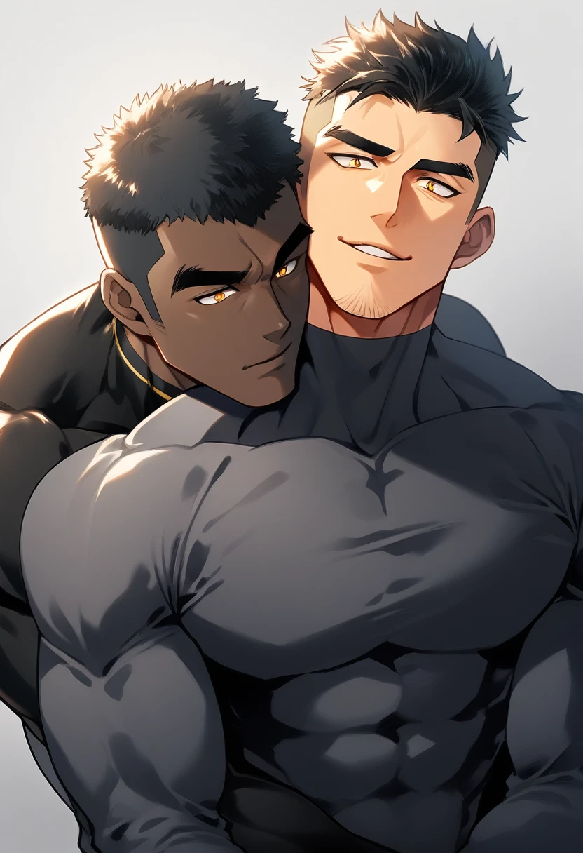 anime characters:Two superheroes in tights, Muscle superhero, negro black skin, They hugged and kissed each other, Bite your neck, Caress, Manliness, male focus, Yellow and black high collar long sleeve tight T-shirt, Slightly transparent material, Very tight, Round, full and perky chest muscles, Male dog waist, Slightly transparent, muscular male, muscular, only, Upper body, alone, Black short hair, Thick eyebrows, stubble, Yellow eyes, Grey background, simple background, amazing quality, best aesthetics, Ridiculous, bright pupils, crew cut, parted lips, seductive smile, torogao, naughty face, drop shadow, best quality