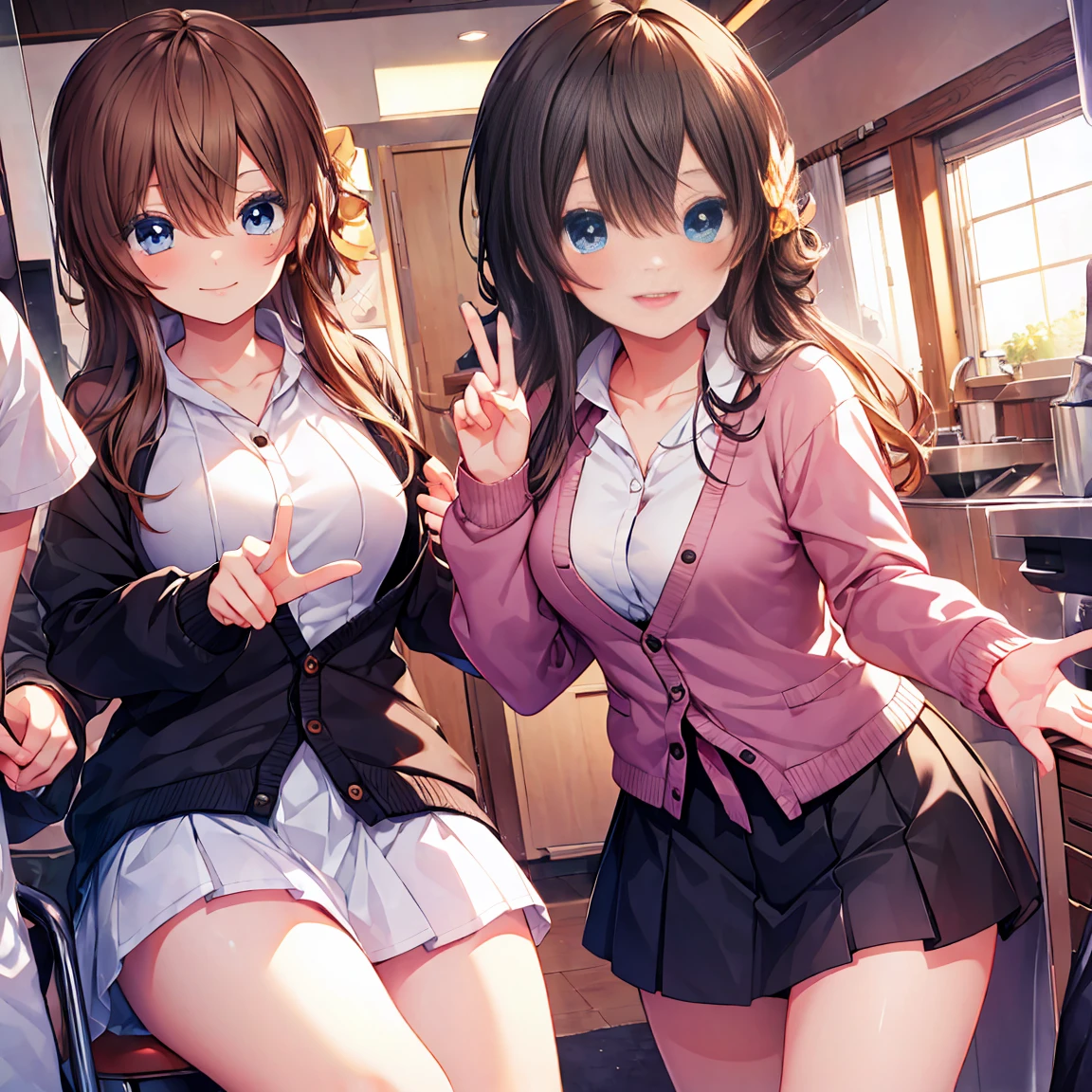 Smile,best Smile,double Peace,cardigan,miniskirt,masterpiece,best quality,ultra detailed,high resolution,extremely detailed CG, (perfect hand),