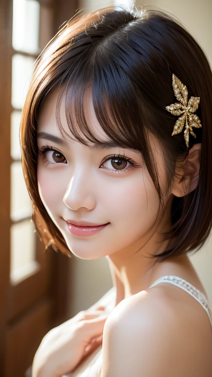 Highest quality, Tabletop, Ultra-high resolution, (Realistic:1.4), RAW Photos, One Girl, Japanese Idols, short hair, indoor, Summer noon,Fine grain,(Realistic eyes),Delicate face,realskin,Fine hair,Detailed skin,Beautiful Face,smile、((Beautiful hair ornaments))、
