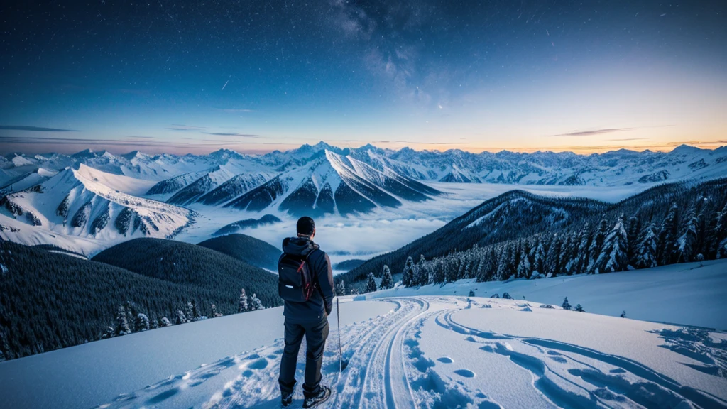A Man Back With Snow Mountain with With Mysterious Night scene