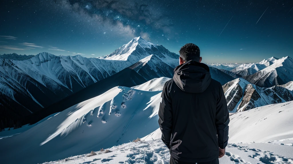 A Man Back With Snow Mountain with With Mysterious Night scene