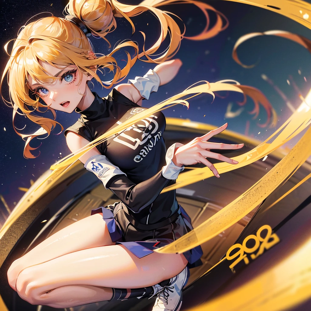 sweat, girl,woman,female, young,20 years old, medium hair, big hair, bangs, topknot, blonde hair, blue eyes, delicate and intricate hair, night, turtleneck, night, she wears a FC Barcelona uniform, she is in Camp Nou Stadium, she is playing football, ((masterpiece)), ((best quality)), (ultra-detailed), ((extremely detailed)), 4K, (8K), best quality, (beautiful) full body, behind back 1.1, number 10, more_details:-1, more_details:0, more_details:0.5, more_details:1, more_details:1.5