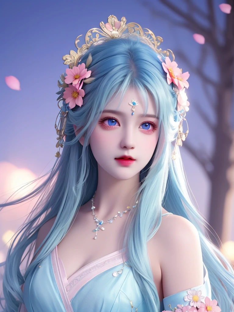 best quality, masterpiece, High target, There is a girl with a basket of flowers on her head, Big breast beauty,beautiful clothes, Hair Decorationss, necklace, Decorations, Pretty Face, When the body, Tyndall effect, Realistic Portraits, Edge lighting, Two-color light, (Very delicate skin:1.2), 8K uhd, Digital SLR Camera, Soft Light, high quality, Volumetric Lighting, Honest, photo, high resolution, 4K, 8K, Bokeh, Sky blue hair,Pink Eyes.