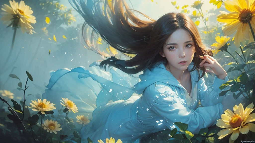 32k, Masterpiece, Highest quality, One girl, Brown Hair, Detailed eyes, flower,Dahlia, Light blue and yellow style,A dreamy, romantic piece,Pale yellow, Mysterious Leaves,A playful arrangement,Fantasy,High Contrast,Ink strokes,explosion,Exposure, Impression of light blue and yellow tones,Abstract,((Watercolours by John Berkey and Jeremy Mann )) Brush strokes,Negative Space, Tyndall effect,