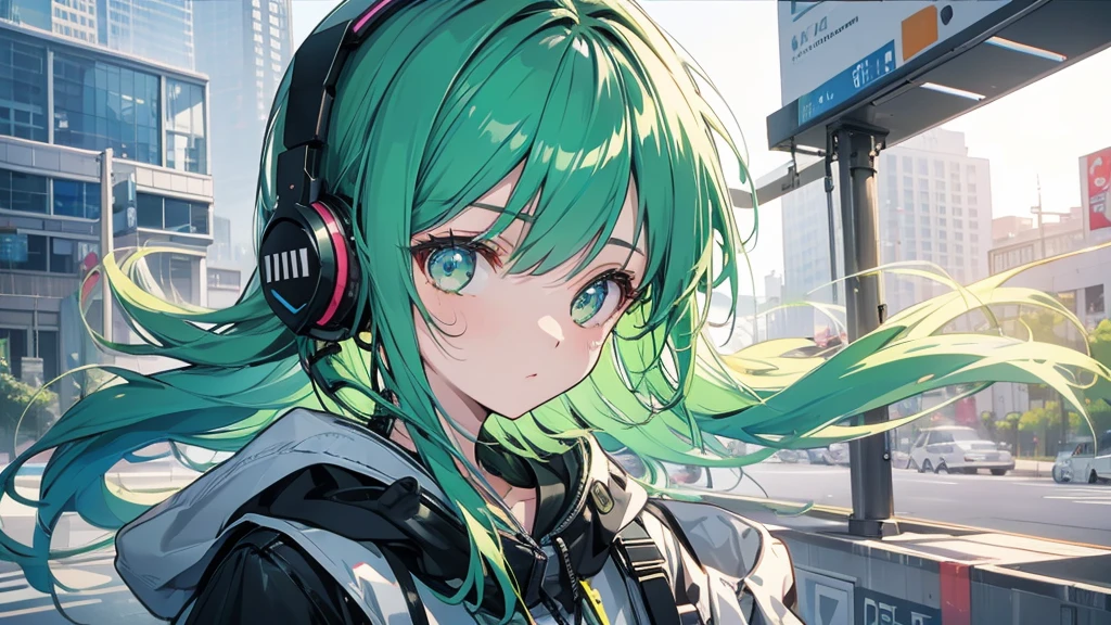 Girl wearing headphones。Green hair。