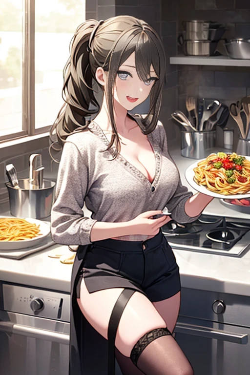 (dynamic angle:1.3, front view:1.1, breast focus:1.3, from above:1.1), (dynamic posing:1.2, sexy posing:1.2), (seductive smiling:1.3), ((holding Pasta on a plate,Taking the pasta out of the pan, worried about the outcome:1.2)),highest quality、(real、photorealistic:1.4),(ultra high resolution, 8K RAW photo, clear focus), best qualtiy, natural lighting, field depth, (Bright pupils, detailed beautiful eyes, high detailed face), Red lip, (tight focus:1.2), a girl 22yo old, Wearing a pastry chef uniform:1.3 , Thicc, thin breast, long hair, blue eyes,garter stocking, cleavage:1.2, midriff, black shorts, black thighhighs, thigh strap, pretty girl, (highly detailed beautiful face and eyes,firm breasts),real skin,((black,hair,long pony tail hair)),thin pubic hair,cute,lovely, detailed eyes,(double breasted:1.0,under bust:1.0),(with sparkling eyes and a contagious smile),open mouth, Looking at Viewer,A scene of make cooking Carbonara Pasta  in the kitchen
