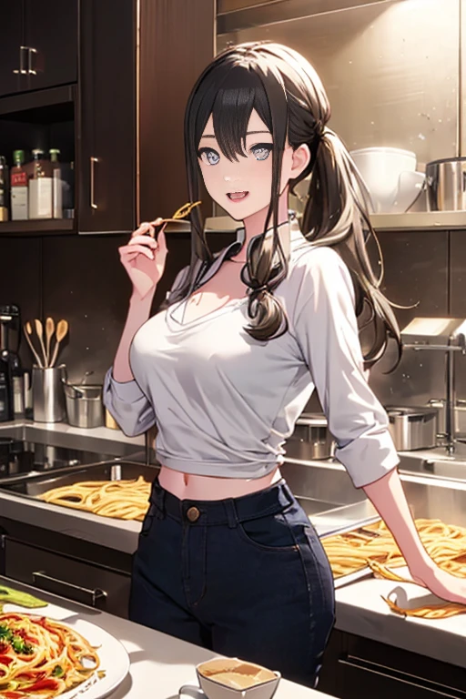 (dynamic angle:1.3, front view:1.1, breast focus:1.3, from above:1.1), (dynamic posing:1.2, sexy posing:1.2), (seductive smiling:1.3), ((holding Pasta on a plate,Taking the pasta out of the pan, worried about the outcome:1.2)),highest quality、(real、photorealistic:1.4),(ultra high resolution, 8K RAW photo, clear focus), best qualtiy, natural lighting, field depth, (Bright pupils, detailed beautiful eyes, high detailed face), Red lip, (tight focus:1.2), a girl 22yo old, Wearing a pastry chef uniform:1.3 , Thicc, thin breast, long hair, blue eyes,garter stocking, cleavage:1.2, midriff, black shorts, black thighhighs, thigh strap, pretty girl, (highly detailed beautiful face and eyes,firm breasts),real skin,((black,hair,long pony tail hair)),thin pubic hair,cute,lovely, detailed eyes,(double breasted:1.0,under bust:1.0),(with sparkling eyes and a contagious smile),open mouth, Looking at Viewer,A scene of make cooking Carbonara Pasta  in the kitchen
