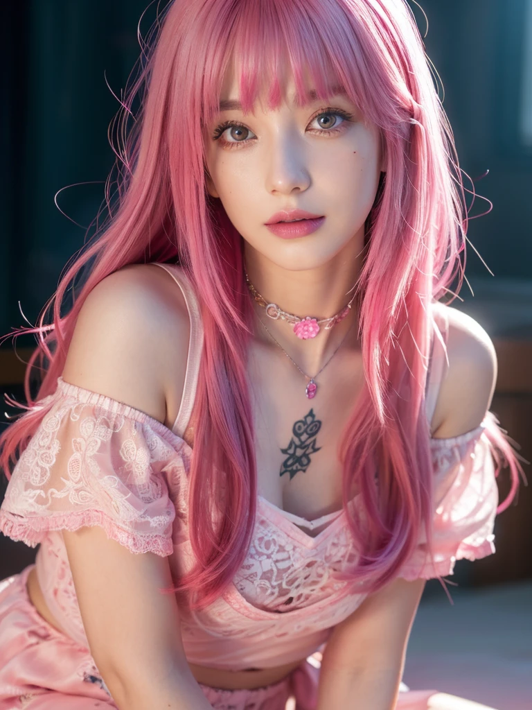 1girl, alone, solitary, high quality, (best quality,4k,8k,highres,masterpiece:1.2),ultra-detailed,(realistic,photorealistic,photo-realistic:1.37),gorgeous hair,fuchsia hair,long curly hair with bangs,sharp eyes,mole under the eye,plump lips,jewelry,(high detailed skin:1.4),(rim lighting:1.3),(lit:1.3),(sunny day:1.3),portrait,beautiful lips,waist-length hair,seductive gaze,moles,casual clothes,colorful clothing,close up,super long hair,choker necklace,tattoos,tattooed,light eyes,bangs,fringe,20 year old,dimples on the cheeks,dimples,neon pink hair,neonhair,magenta hair,bright neon pink hair,lace,elegant,neon pink hair, neon pink,neonpink