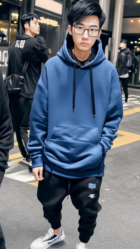18 year old Shanghai boy, he is ((oversized xxl blue plain hoodie)), wearing black pants, wearing sneakers, wearing glasses, night club, whole body, (he is 한국 머리카락입니다) k pop style, black mask