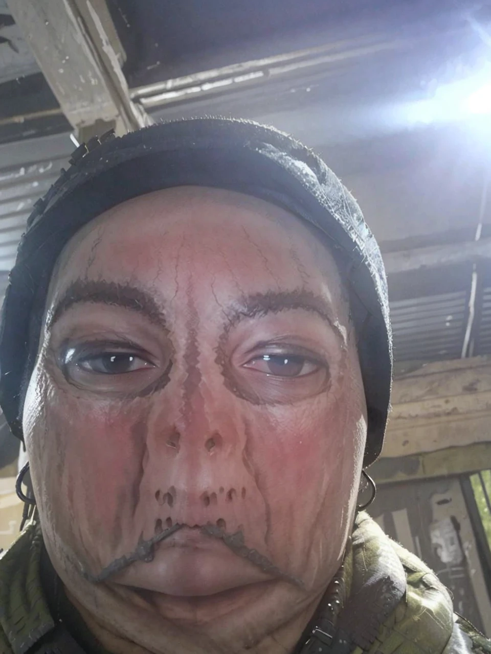 a half body shot of gh0st wearing army clothes inside the forest