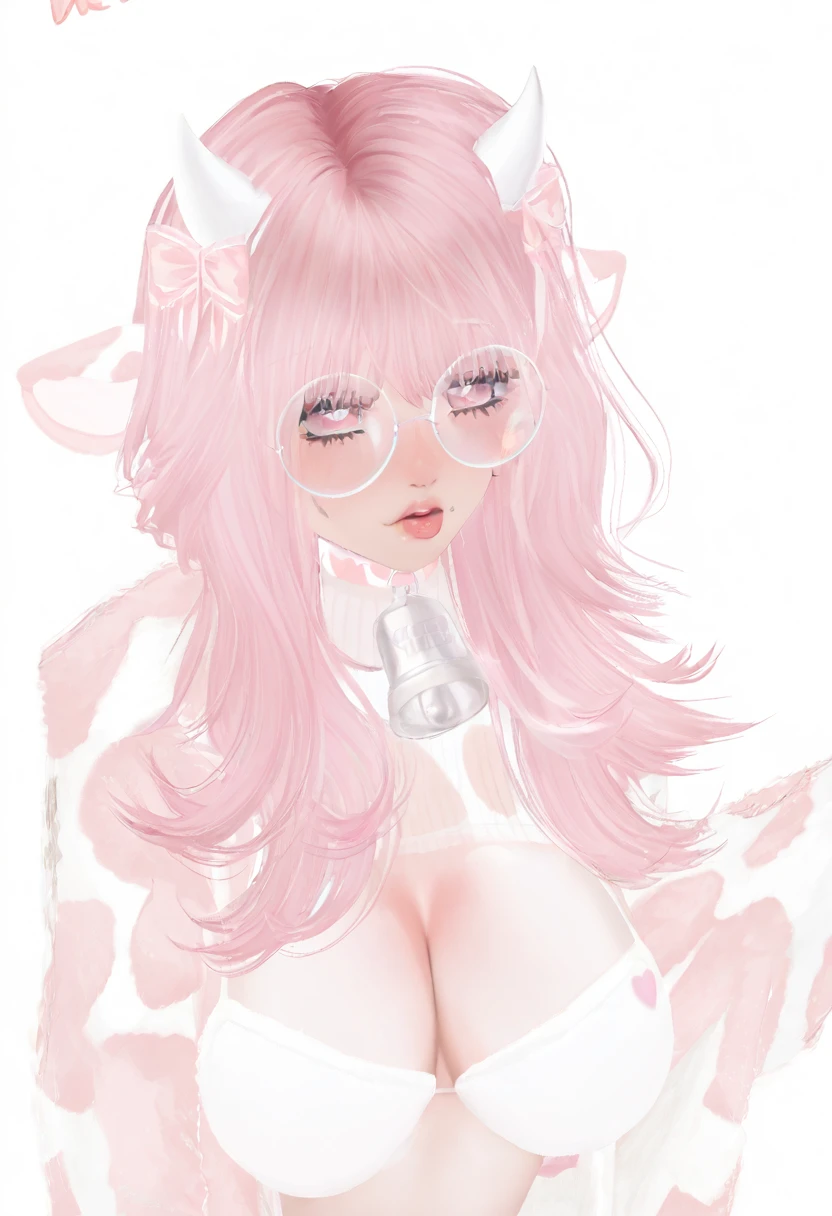 IMVU, pink hair, pink heart eyes, white round glasses, pale skin, white and pink cow ears, white horns with pink bows, fuzzy white jacket with pink spots, pink cowbell choker, kawaii, soft, high quality, masterpiece, 8k