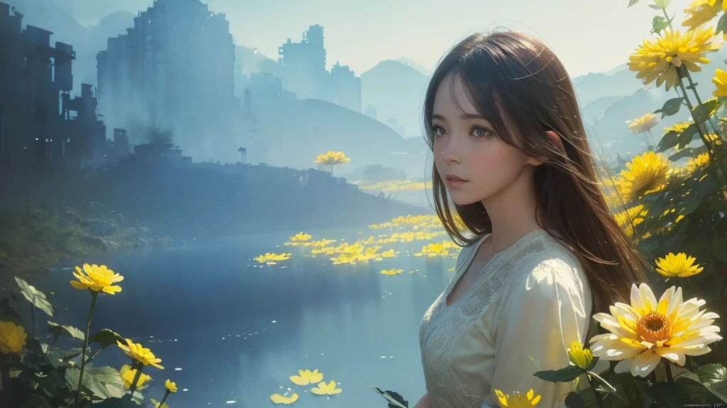 32k, Masterpiece, Highest quality, One girl, Brown Hair, Detailed eyes, flower,Dahlia, Light blue and yellow style,A dreamy, romantic piece,Pale yellow, Mysterious Leaves,A playful arrangement,Fantasy,High Contrast,Ink strokes,explosion,Exposure, Impression of light blue and yellow tones,Abstract,((Watercolours by John Berkey and Jeremy Mann )) Brush strokes,Negative Space, Tyndall effect,