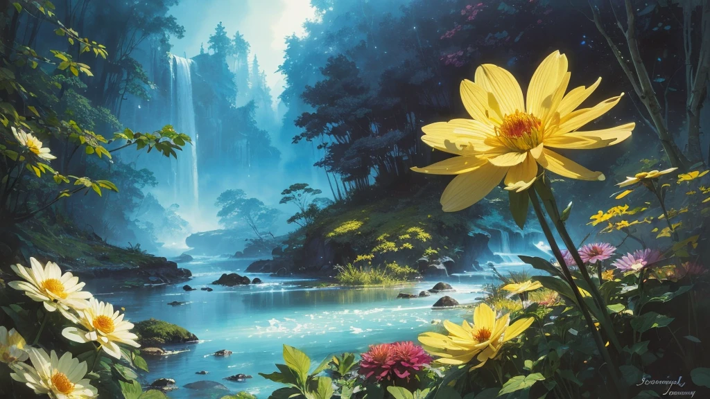 32k, Masterpiece, Highest quality, One girl, Brown Hair, Detailed eyes, flower,Dahlia, Light blue and yellow style,A dreamy, romantic piece,Pale yellow, Mysterious Leaves,A playful arrangement,Fantasy,High Contrast,Ink strokes,explosion,Exposure, Impression of light blue and yellow tones,Abstract,((Watercolours by John Berkey and Jeremy Mann )) Brush strokes,Negative Space, Tyndall effect,