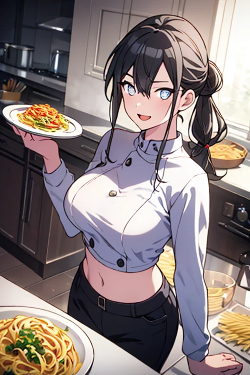 (dynamic angle:1.3, front view:1.1, breast focus:1.3, from above:1.1), (dynamic posing:1.2, sexy posing:1.2), (seductive smiling:1.3), ((holding Pasta on a plate,Taking the pasta out of the pan, worried about the outcome:1.2)),highest quality、(real、photorealistic:1.4),(ultra high resolution, 8K RAW photo, clear focus), best qualtiy, natural lighting, field depth, (Bright pupils, detailed beautiful eyes, high detailed face), Red lip, (tight focus:1.2), a girl 22yo old, Wearing a pastry chef uniform:1.3 , Thicc, thin breast, long hair, blue eyes,garter stocking, cleavage:1.2, midriff, black shorts, black thighhighs, thigh strap, pretty girl, (highly detailed beautiful face and eyes,firm breasts),real skin,((black,hair,long pony tail hair)),thin pubic hair,cute,lovely, detailed eyes,(double breasted:1.0,under bust:1.0),(with sparkling eyes and a contagious smile),open mouth, Looking at Viewer,A scene of make cooking Carbonara Pasta in the kitchen