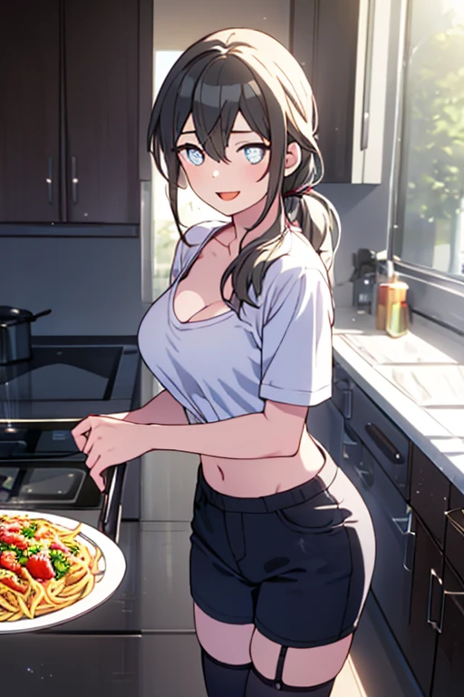 (dynamic angle:1.3, front view:1.1, breast focus:1.3, from above:1.1), (dynamic posing:1.2, sexy posing:1.2), (seductive smiling:1.3), ((holding Pasta on a plate,Taking the pasta out of the pan, worried about the outcome:1.2)),highest quality、(real、photorealistic:1.4),(ultra high resolution, 8K RAW photo, clear focus), best qualtiy, natural lighting, field depth, (Bright pupils, detailed beautiful eyes, high detailed face), Red lip, (tight focus:1.2), a girl 22yo old, Wearing a pastry chef uniform:1.3 , Thicc, thin breast, long hair, blue eyes,garter stocking, cleavage:1.2, midriff, black shorts, black thighhighs, thigh strap, pretty girl, (highly detailed beautiful face and eyes,firm breasts),real skin,((black,hair,long pony tail hair)),thin pubic hair,cute,lovely, detailed eyes,(double breasted:1.0,under bust:1.0),(with sparkling eyes and a contagious smile),open mouth, Looking at Viewer,A scene of make cooking Carbonara Pasta in the kitchen