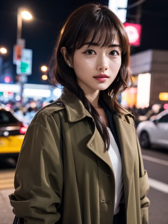 (Ultra-high resolution), (masterpiece), (Attention to detail), (high quality), (最high quality), One Girl ,Blunt bangs, Black Hair, On a street corner at night、A woman in a black trench coat is standing alone。The city lights are in the background、There is a sense of urban brilliance。