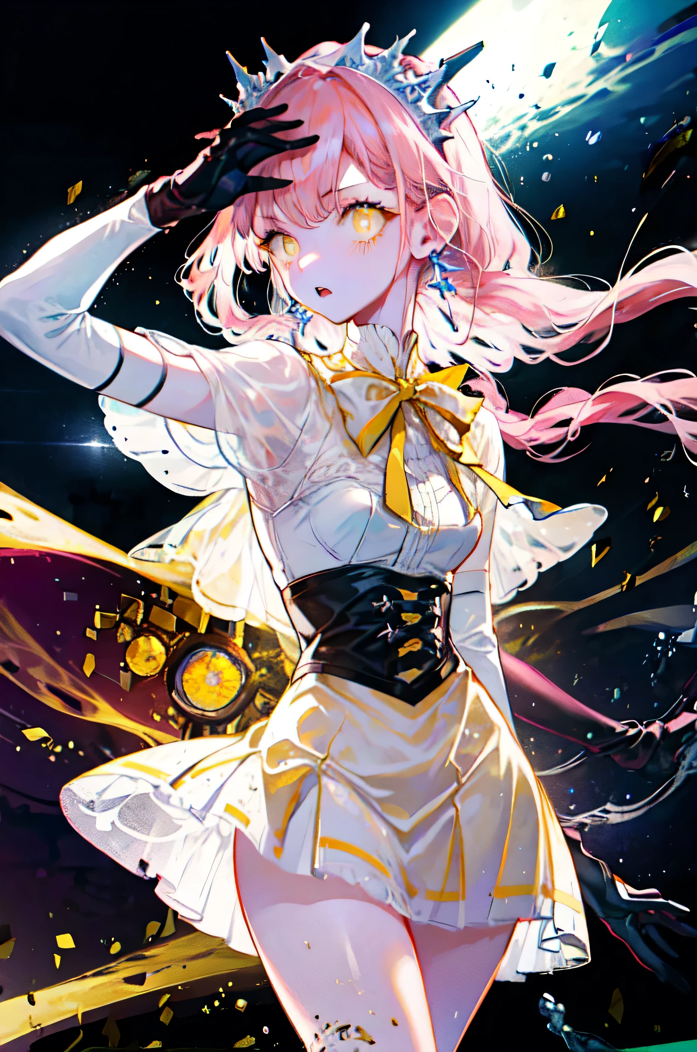 1 girl, cowboy shot, rubble ruins, anger, (battle preparation:1.2), open your mouth, (night:1.2), explosive inflammation, woman, medb, (long hair, pink hair), (yellow eyes:1.5), elbow gloves, gloves, white gloves, mini dress, white dress, mini skirt, white skirt, tiara, highest quality, masterpiece, High resolution, arm out, 