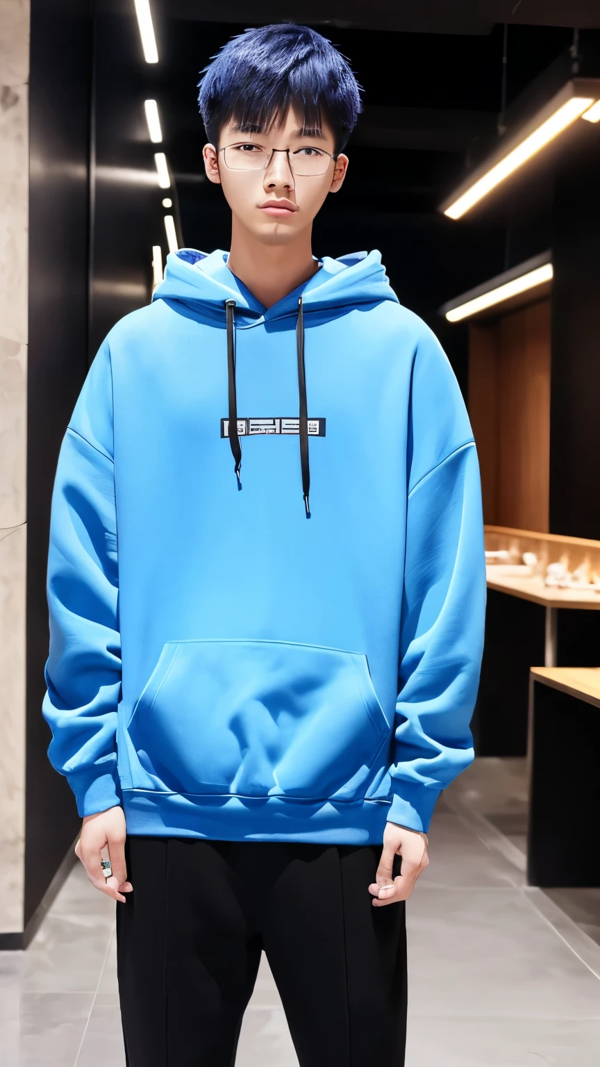 18 year old chinese boy, he is ((oversized xxl blue plain hoodie)), wearing black pants, wearing sneakers, wearing glasses, night club, whole body, (he is 한국 머리카락입니다) k pop style