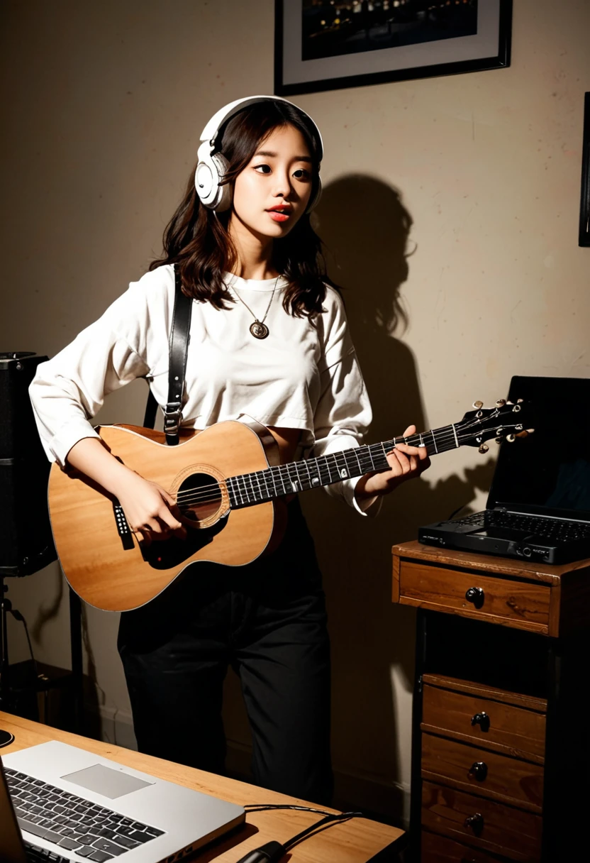 score_9,score_8_up,score_7_up,fine details in everything,KOREAN,KPOP,
portrait,(shadows:1.4),night,Dark Alleyways,o-ring, full body wide angle shot of a latina girl, long dark loosen straight hair, with white headphones and white pijamas in her bedroom playing the acoustic guitar and singing with a laptop and a microphone on a desk