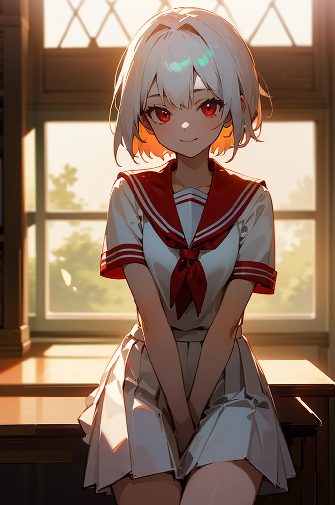 ((masterpiece,Highest quality, High resolution)), One girl, alone, Red eyes, Short white hair, Sitting, Arms folded on the table, smile, , White Seraphim, Red Sailor Collar, Short sleeve, White pleated skirt, (In the library), Dramatic Light, Next to the window, afternoon light through the window, afternoon, Bokeh effect