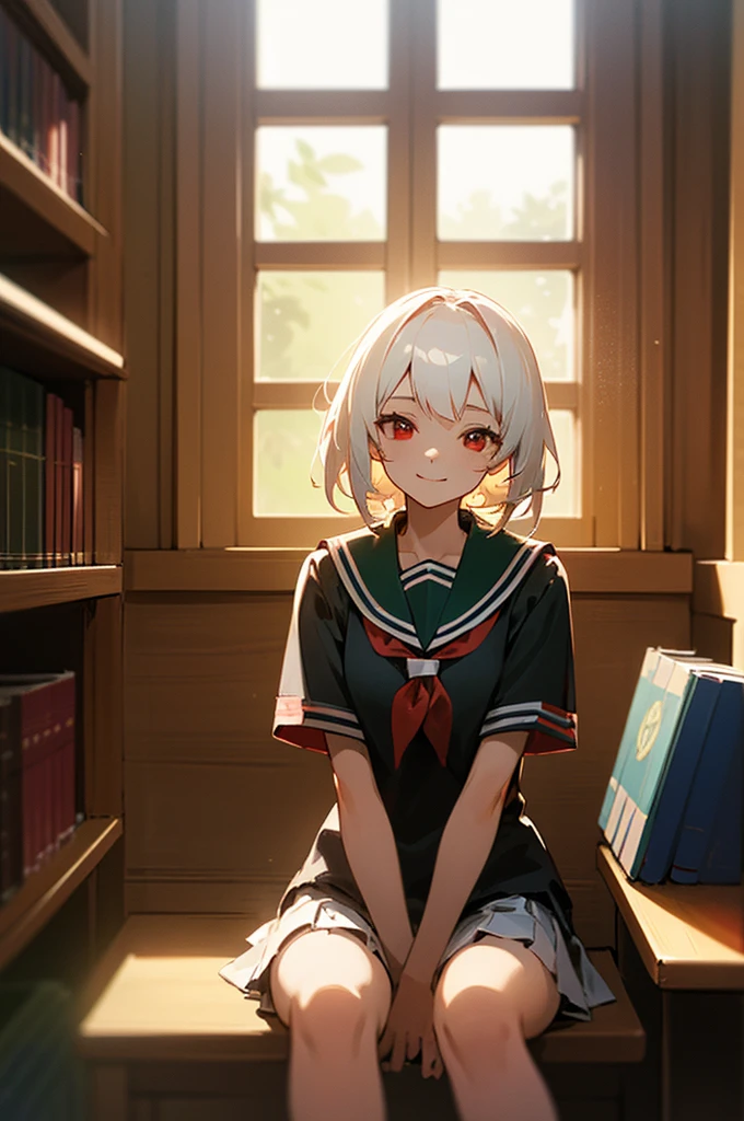 ((masterpiece,Highest quality, High resolution)), One girl, alone, Red eyes, Short white hair, Sitting, Arms folded on the table, smile, , White Seraphim, Red Sailor Collar, Short sleeve, White pleated skirt, (In the library), Dramatic Light, Next to the window, afternoon light through the window, afternoon, Bokeh effect