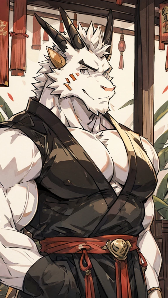 (white eastern dragon),furry,white mustache,big pecs,hearty males,muscular,black imperial robe,adult,traditional_chinese_room，head portrait