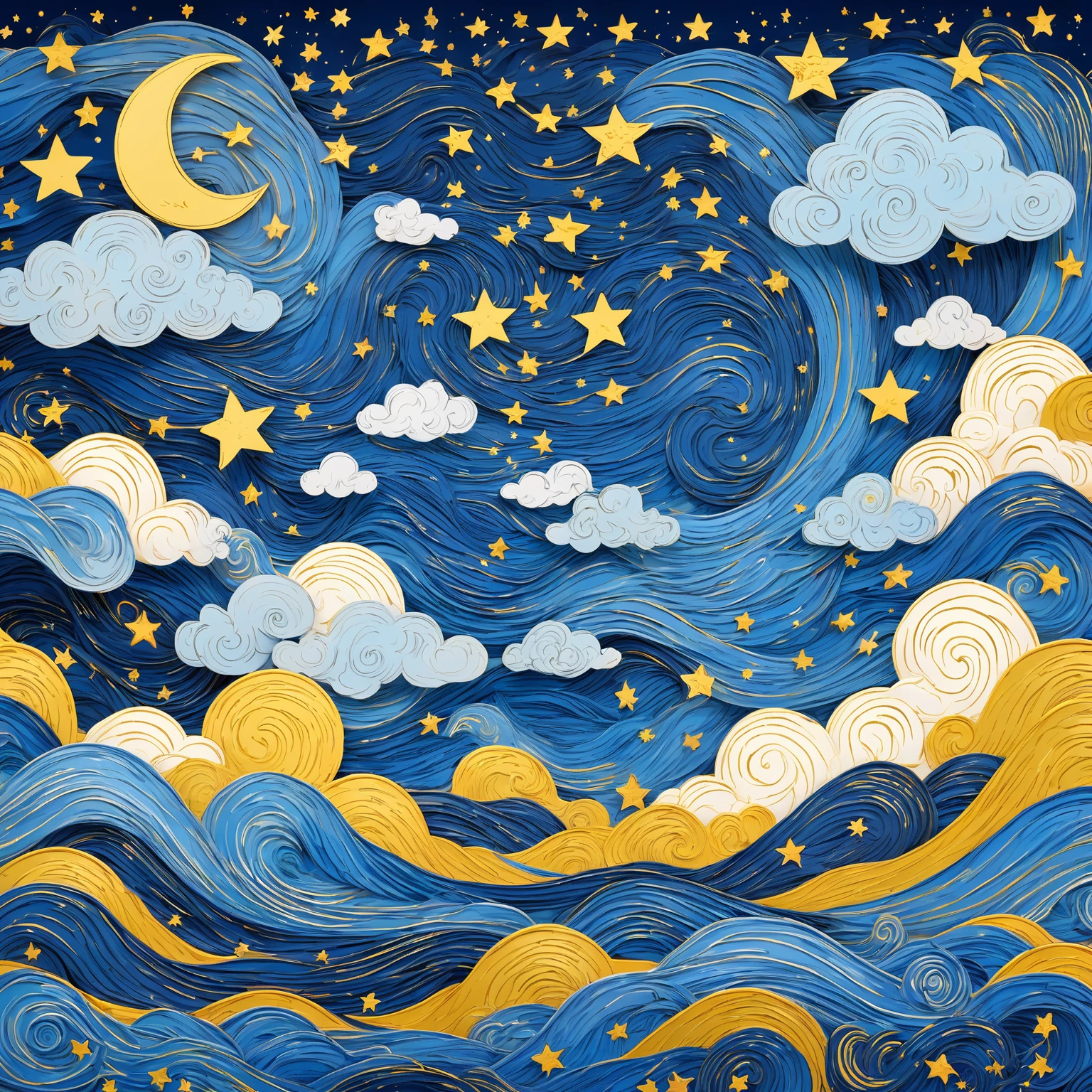 Cartoon Animation，Hand drawn style：粗糙的texture，cloud，Star，moon，Beautiful details，texture，blue and gold，Immerse yourself in the art of Van Gogh，layered art，Winding lines
