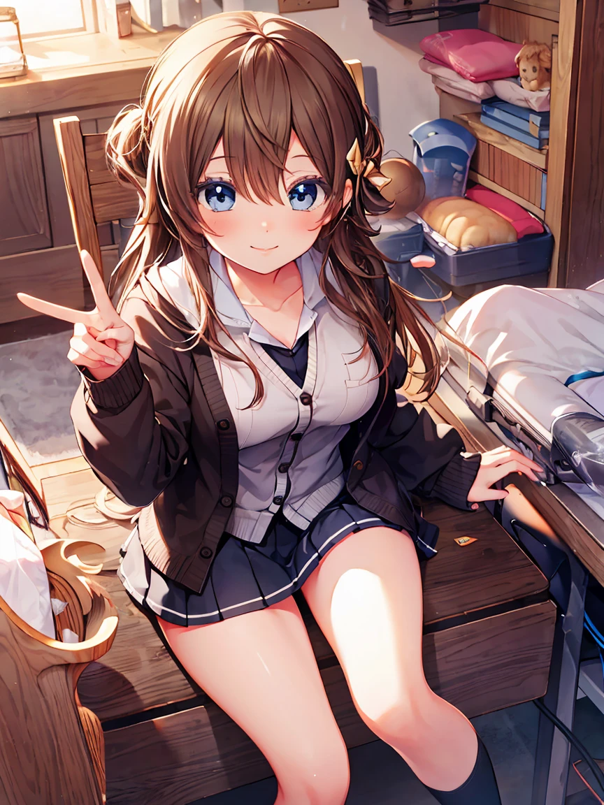 Smile,best Smile,double Peace,cardigan,miniskirt,masterpiece,best quality,ultra detailed,high resolution,extremely detailed CG, (perfect hand),